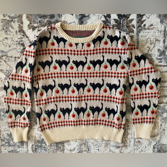 New Pumpkin Black Cat Halloween Sweater Orange Cream Long Sleeve Crew - Picture 5 of 15